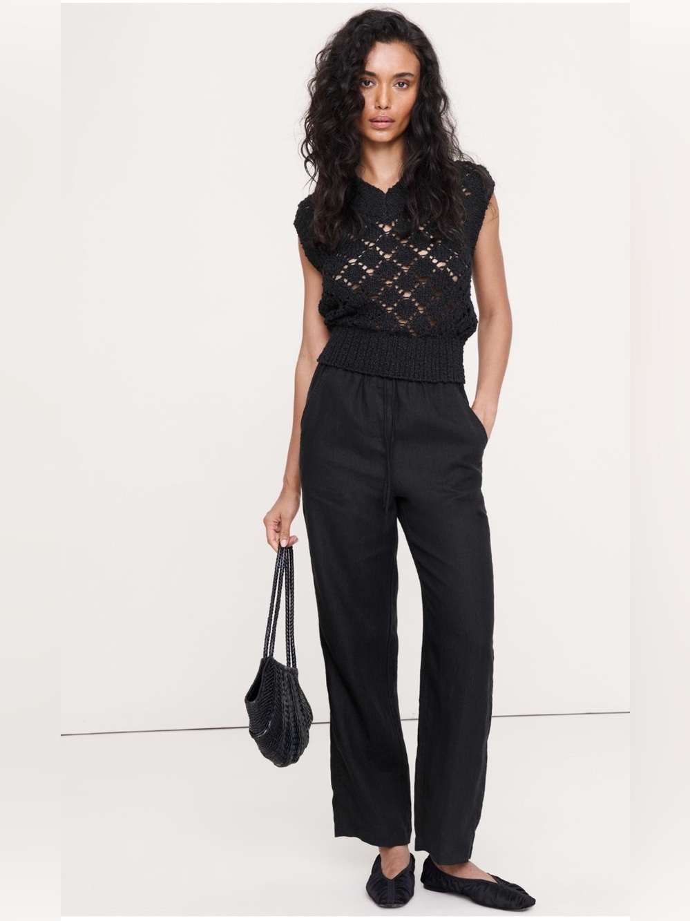 NWT-Banana Republic Black Getaway Straight Leg Pull On Linen Pant, Extra Large